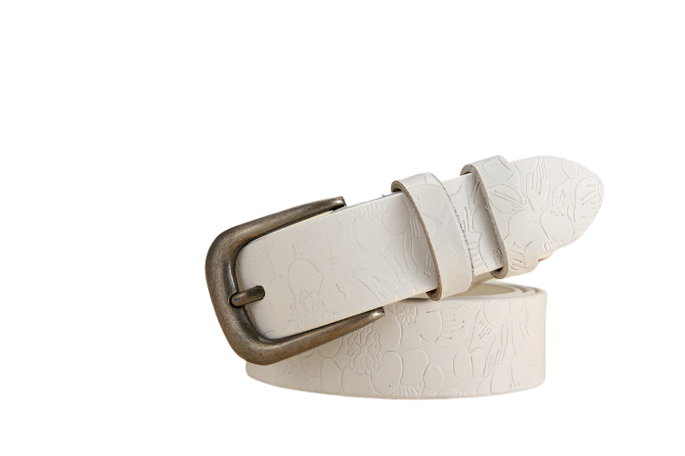 Floral Design Embossed Cowhide Leather Belt