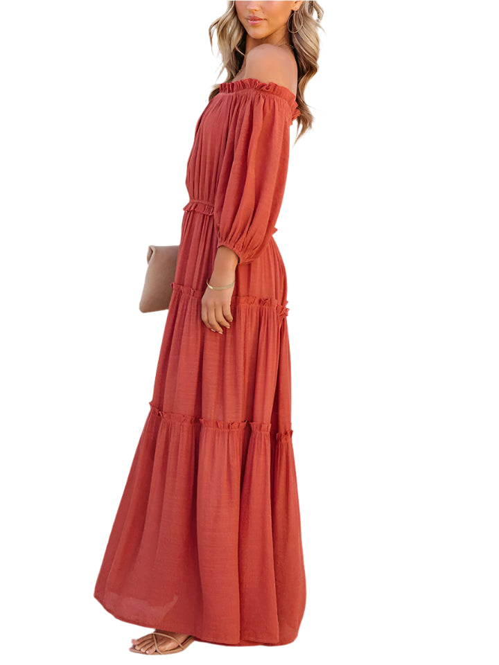 Ruffle Trim Off Shoulder Long Sleeve Maxi Dress