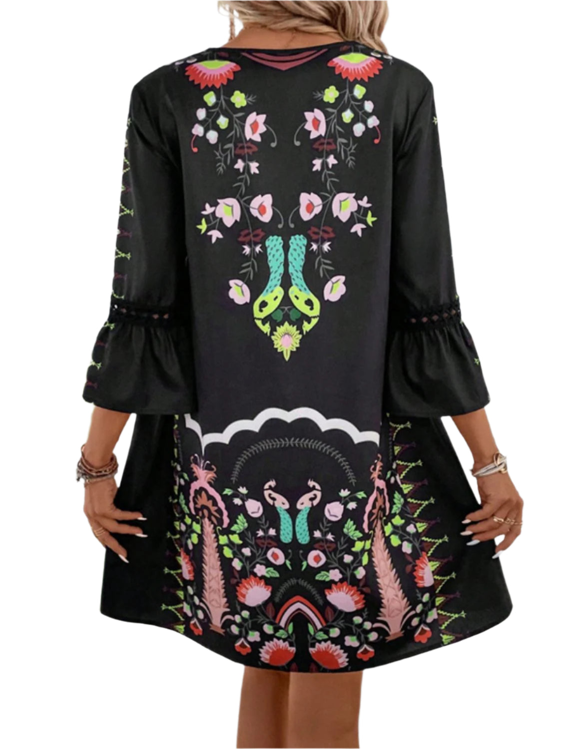 Lace Detail Printed Three-Quarter Sleeve Dress