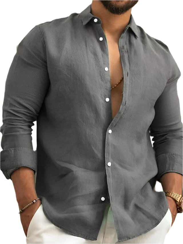 Solid Color Linen Men's Button Down Collard Shirt