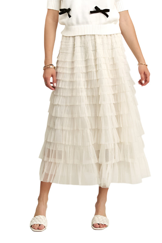 ADORA Elastic Waist Layered Mesh Midi Skirt