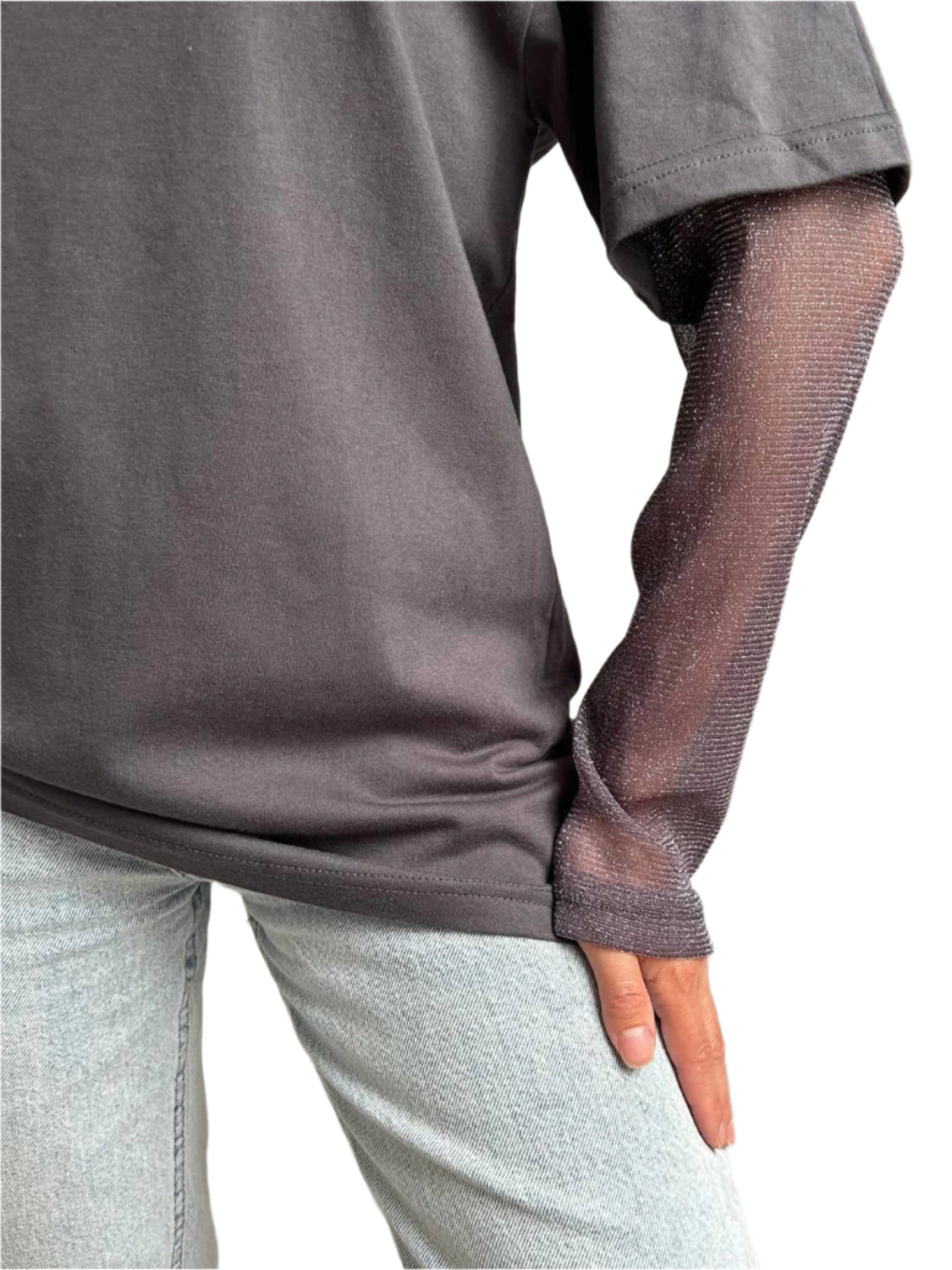 Faux Layered Round Neck Mesh Sleeve Top