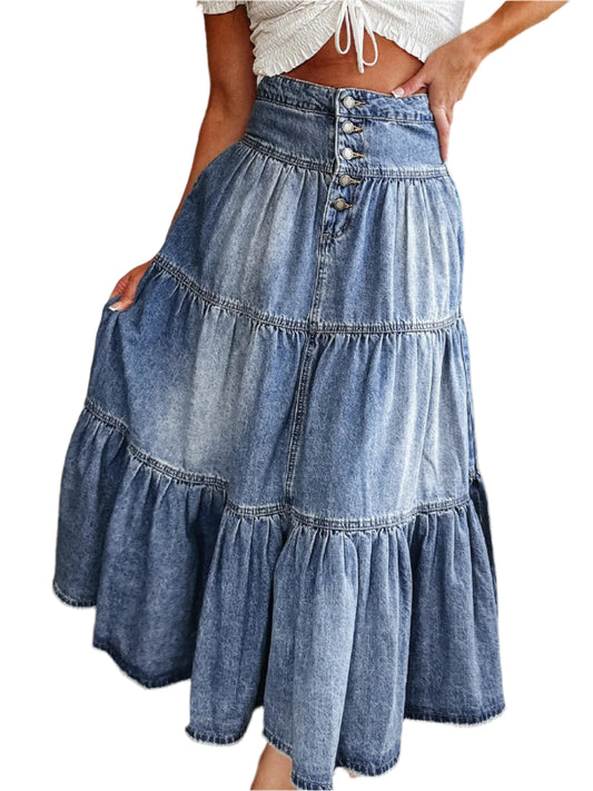 Tiered Button-Fly Denim Skirt