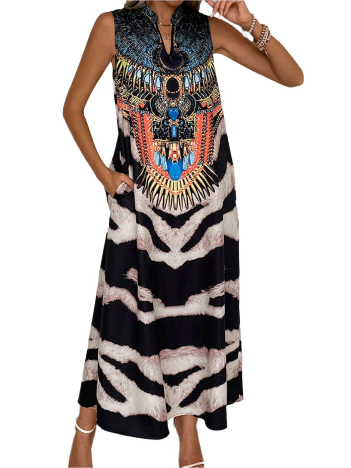 Perfee Printed Notched Sleeveless Dress