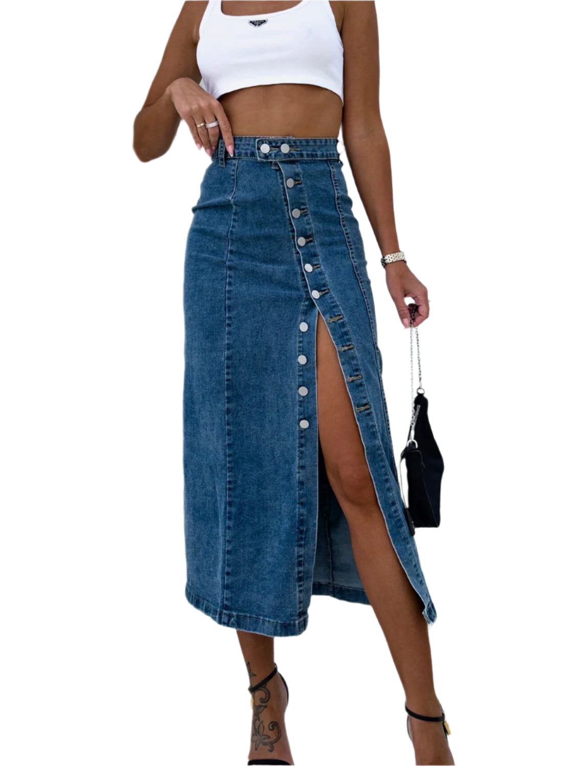 Slit Button Up Midi Denim Skirt