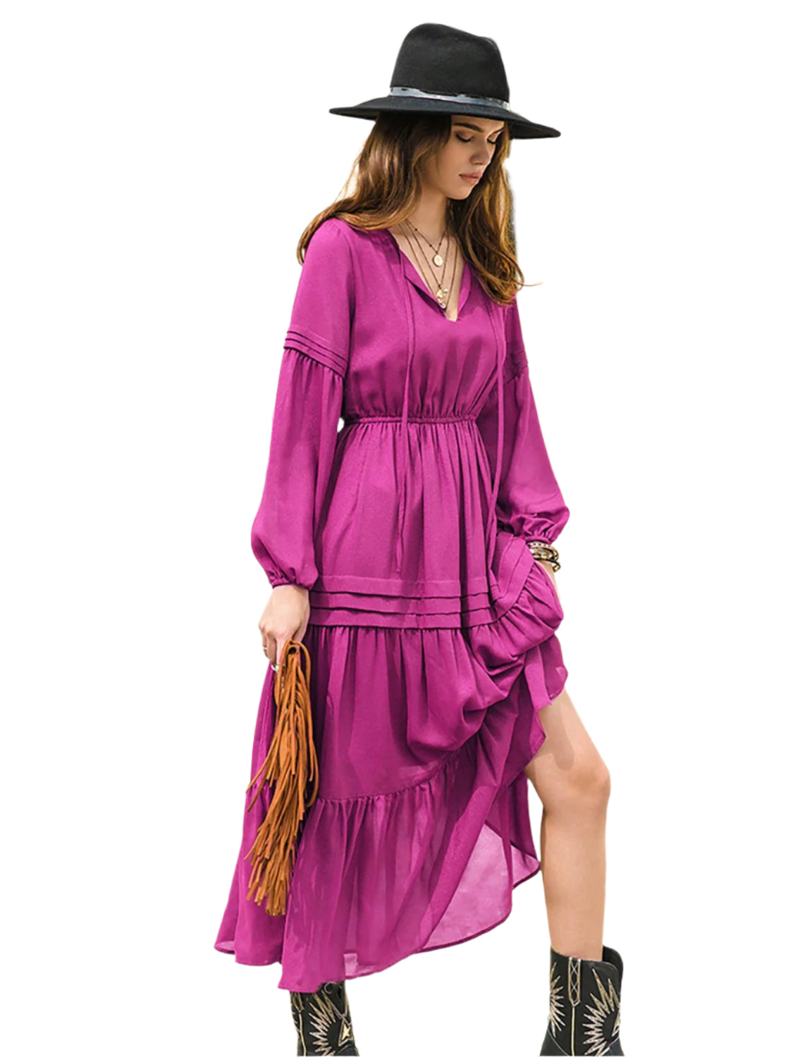 Tie Neck Long Sleeve Midi Tiered Dress