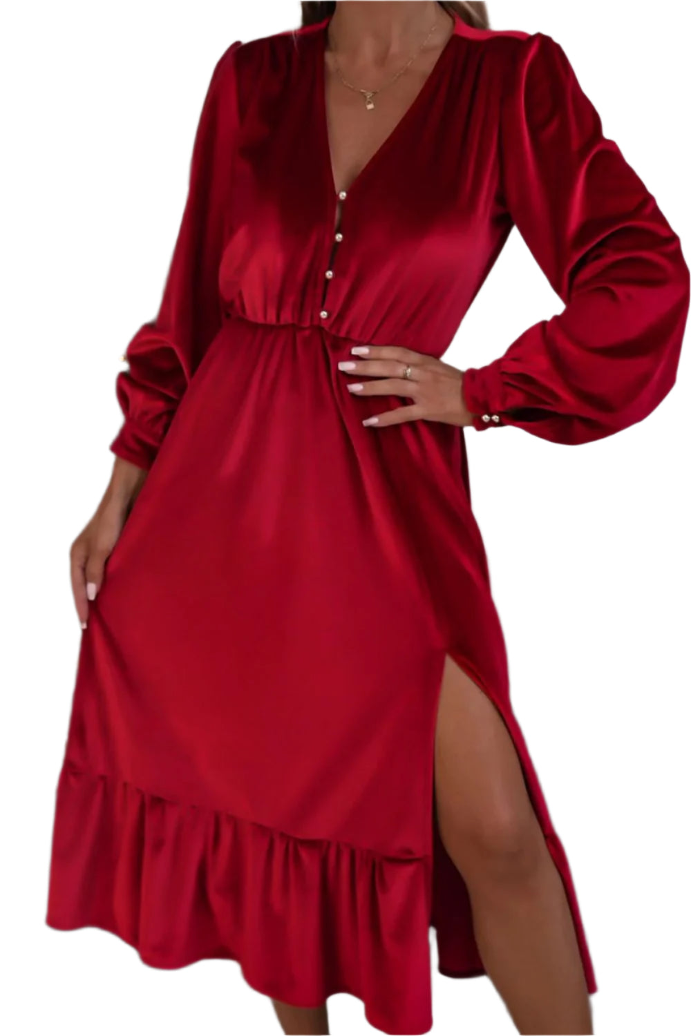 Ruffle Hem Slit V-Neck Long Sleeve Dress