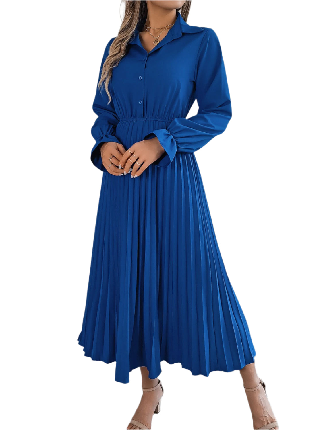 Pleated Half Button Long Sleeve Midi Dress