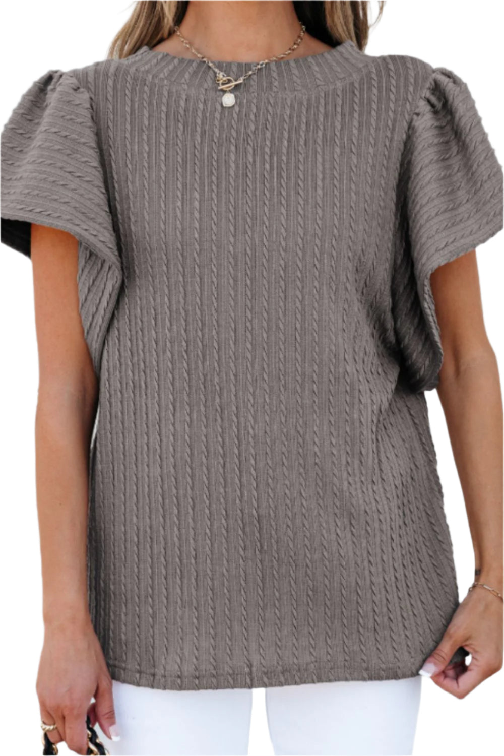 Textured Round Neck Flounce Sleeve Blouse