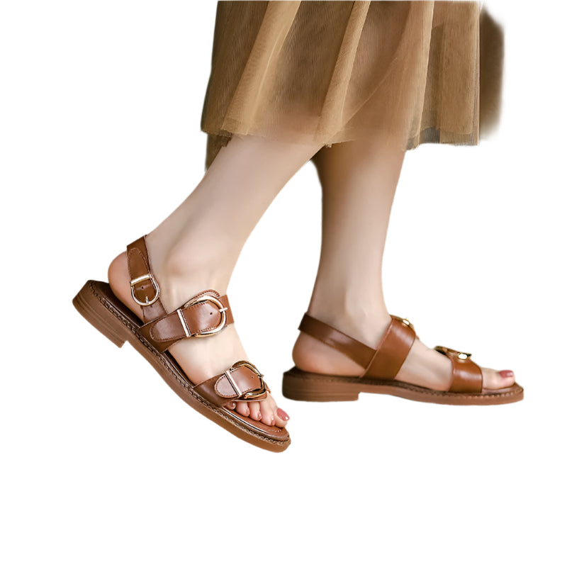 Big Buckle Ankle-Strap Cowhide Leather Sandals