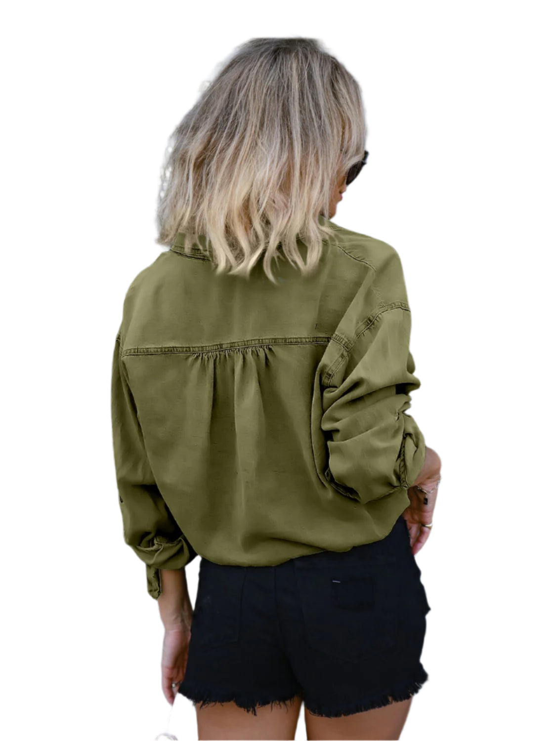 Drawstring Pocketed Button Up Denim Top