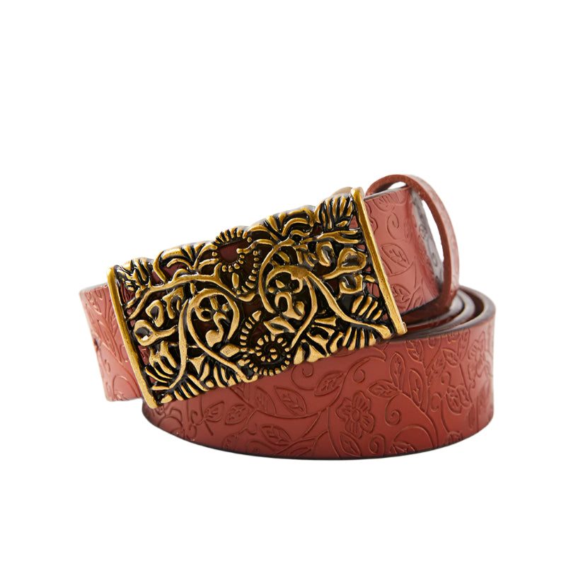 Cowhide Leather Belt with Floral Motif Buckle