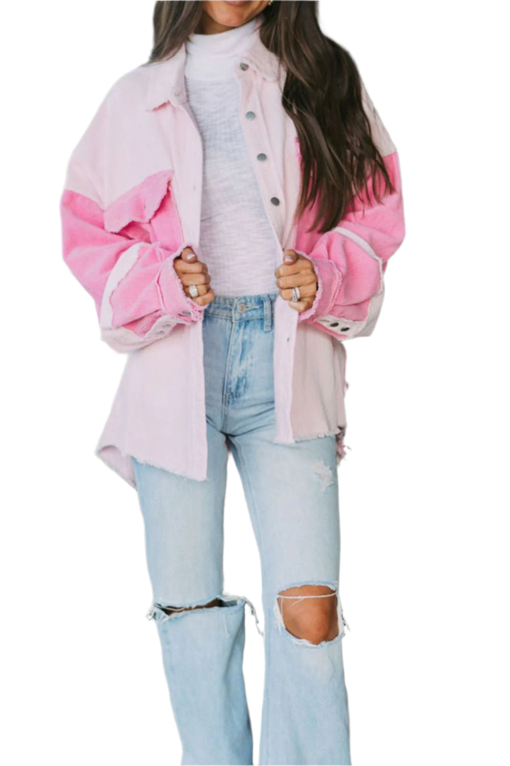 Two-tone Color Exposed Seam Corduroy Shacket