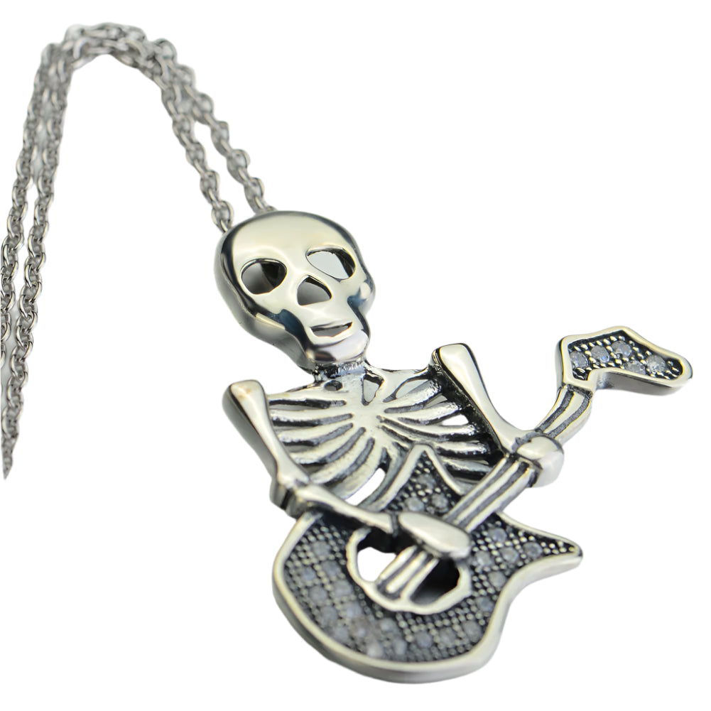 Skeleton Playing Guitar Pendant 925 Sterling Silver Necklace