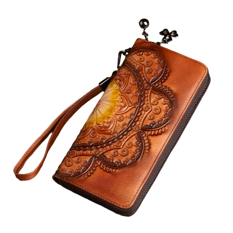 Floral Motif Cowhide Leather Wallet with Built-in Strap