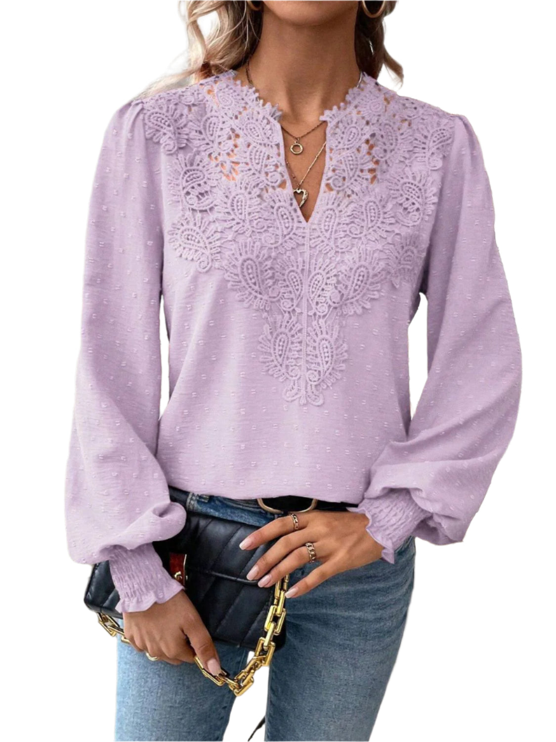 Swiss Dot Lace Detail Notched Long Sleeve Blouse