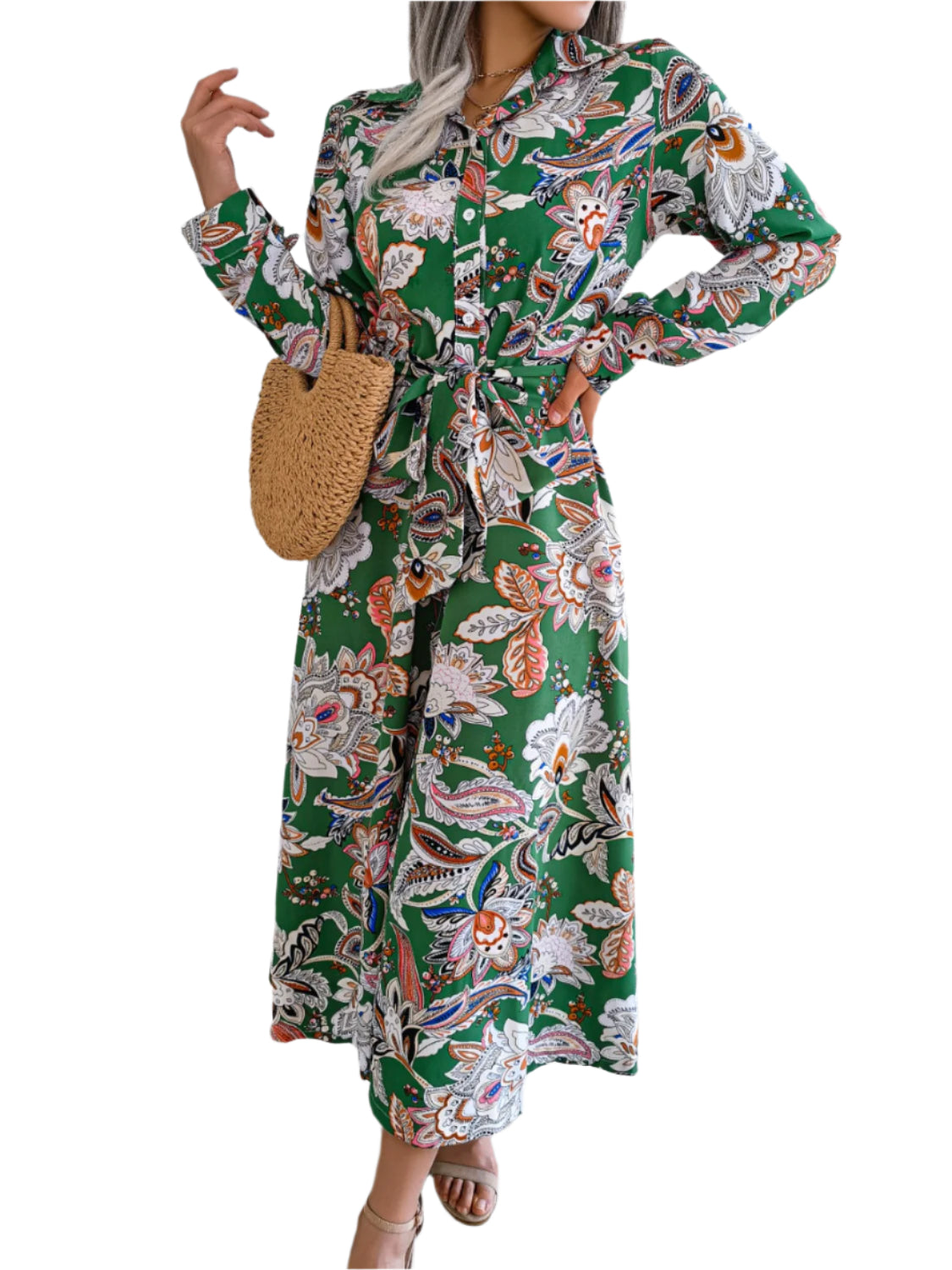Tied Printed Long Sleeve Midi Dress