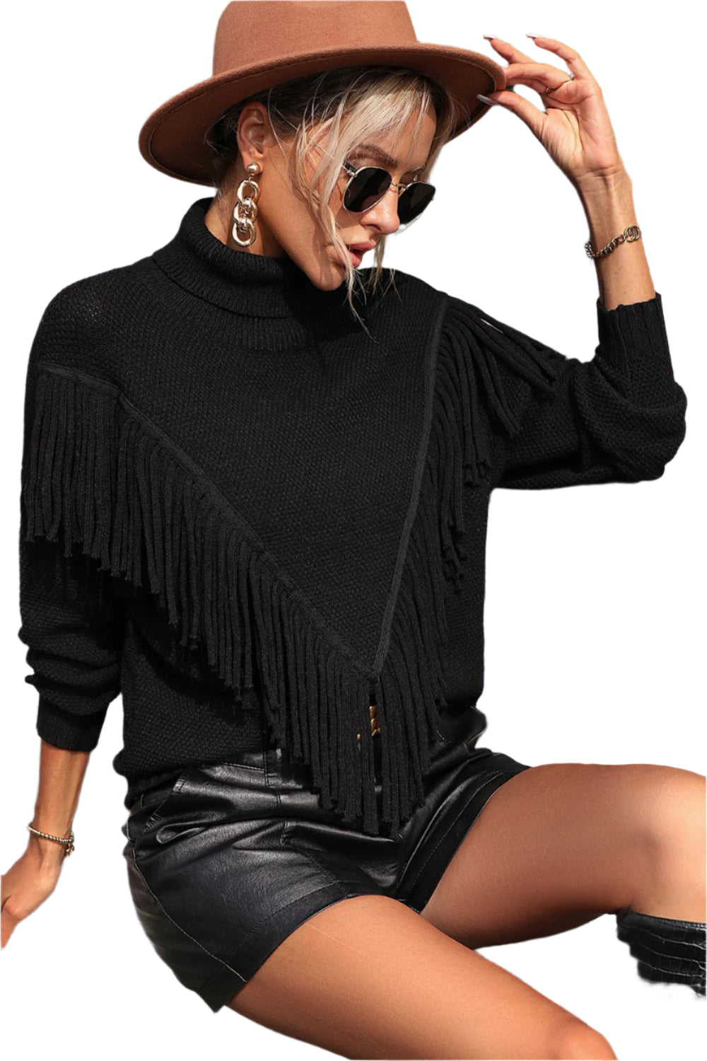 Turtle Neck Tassel Front Long Sleeve Pullover Sweater