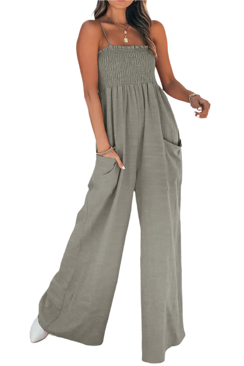 Smocked Spaghetti Strap Wide Leg Jumpsuit
