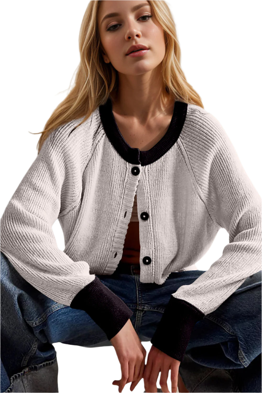 Double Take Contrast Button Up Long Sleeve Cardigan