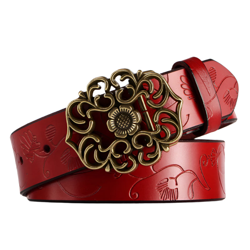 Embossed Floral Flower Buckle Cowhide Leather Belt