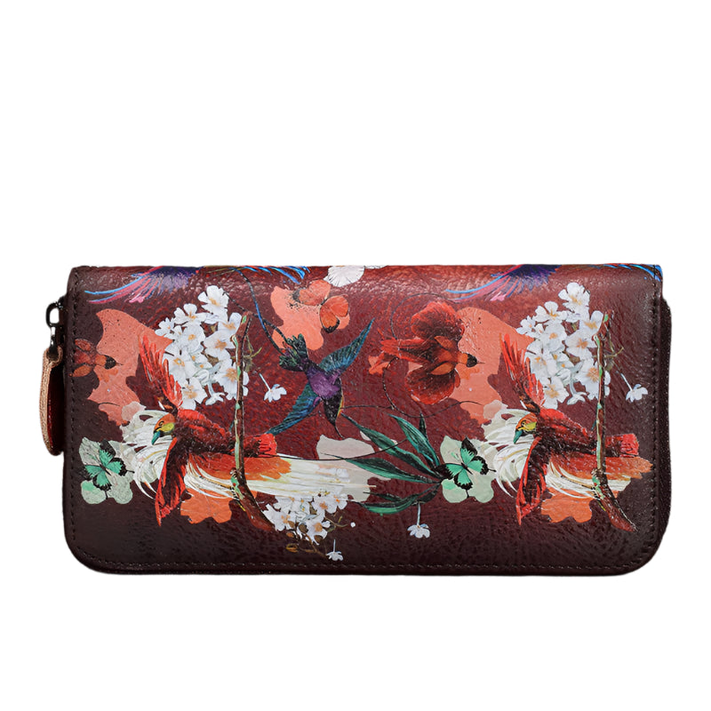 Birds and Flowers Painted Cowhide Leather Wallet