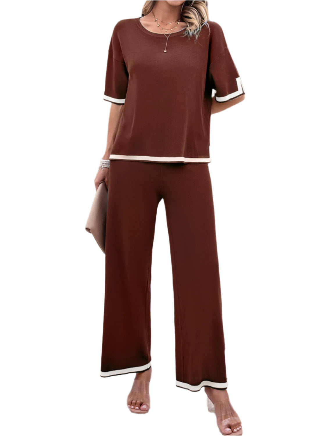 Devine Contrast Trim Round Neck Top and Pants Set
