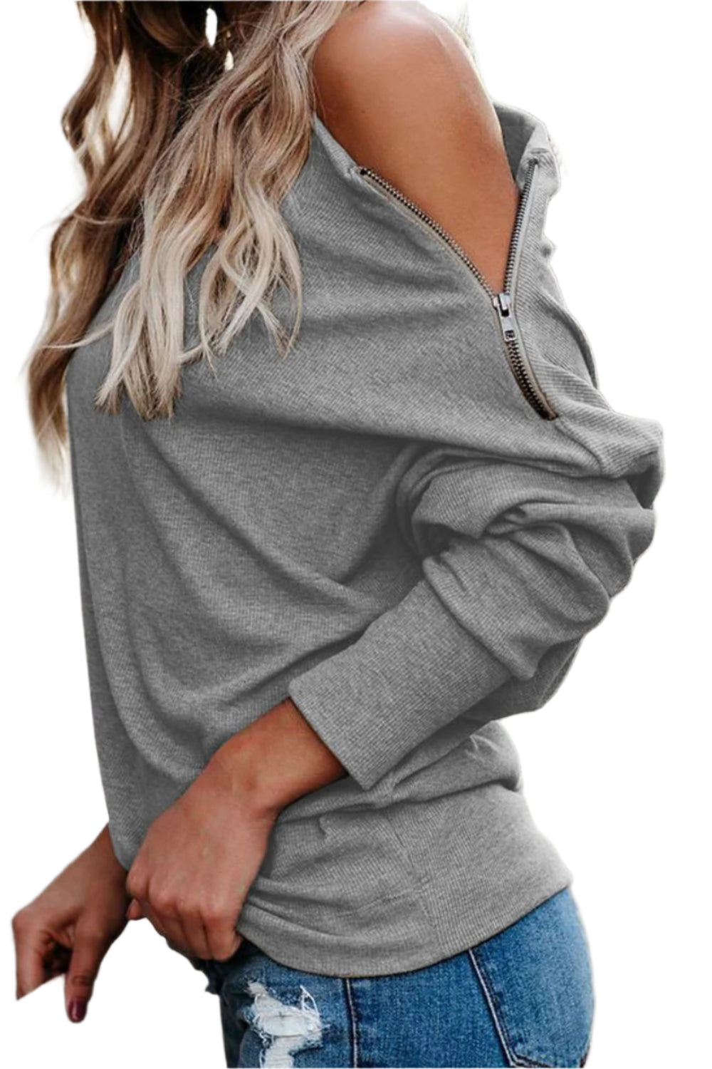 Single Shoulder Long Sleeve Sweatshirt with Zip