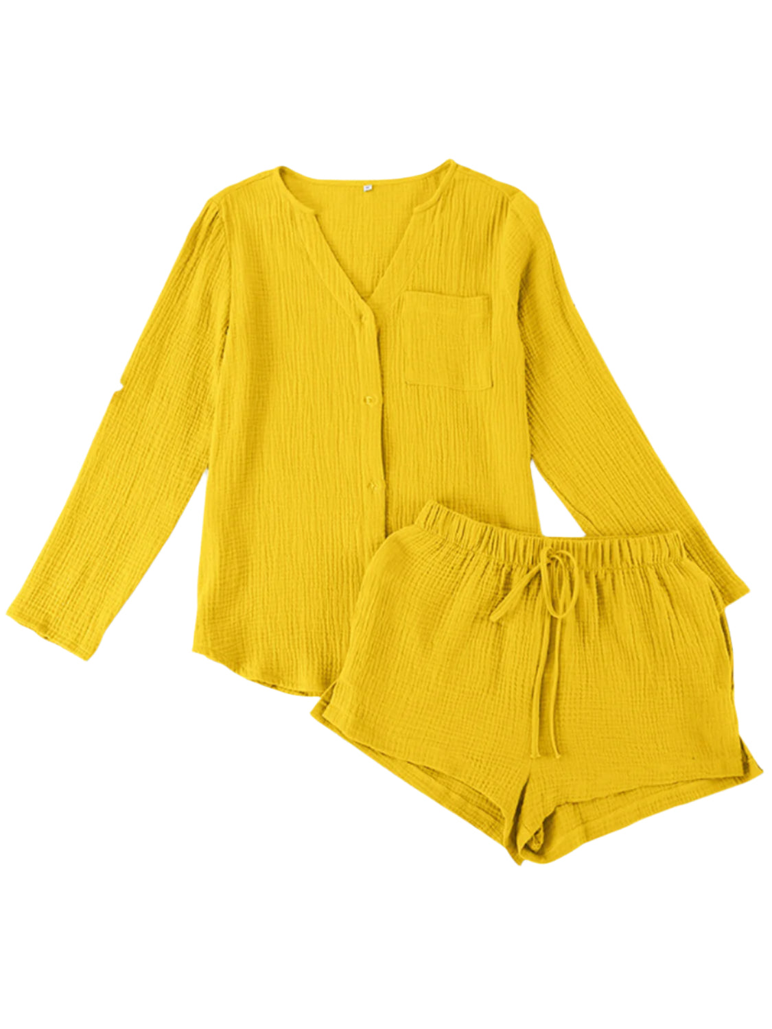 Notched Long Sleeve Top and Shorts Set