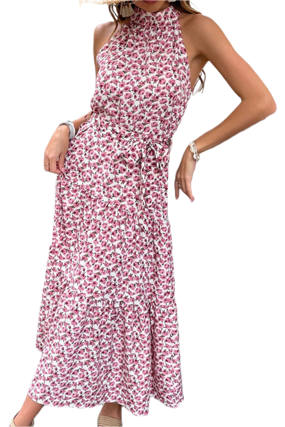 Perfee Floral Tie-Waist Tiered Dress