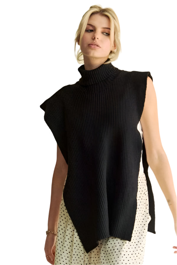 Davi & Dani Side Split Turtleneck Sleeveless Knit Top