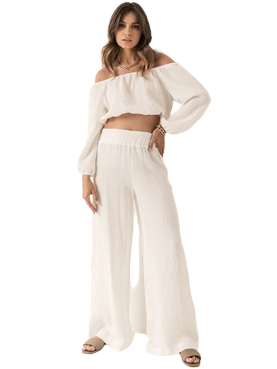 Off Shoulder Long Sleeve Top and Pants Set