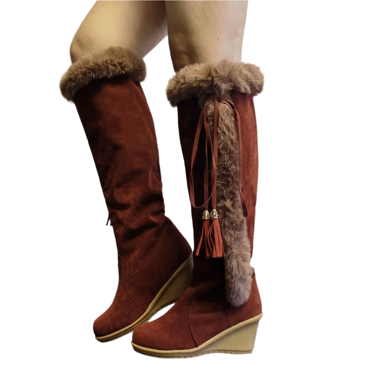 PU Leather Faux Fur Tassel Wedge Boots