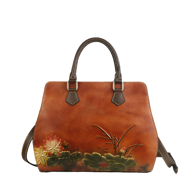 Cowhide Lotus Motif Handbag