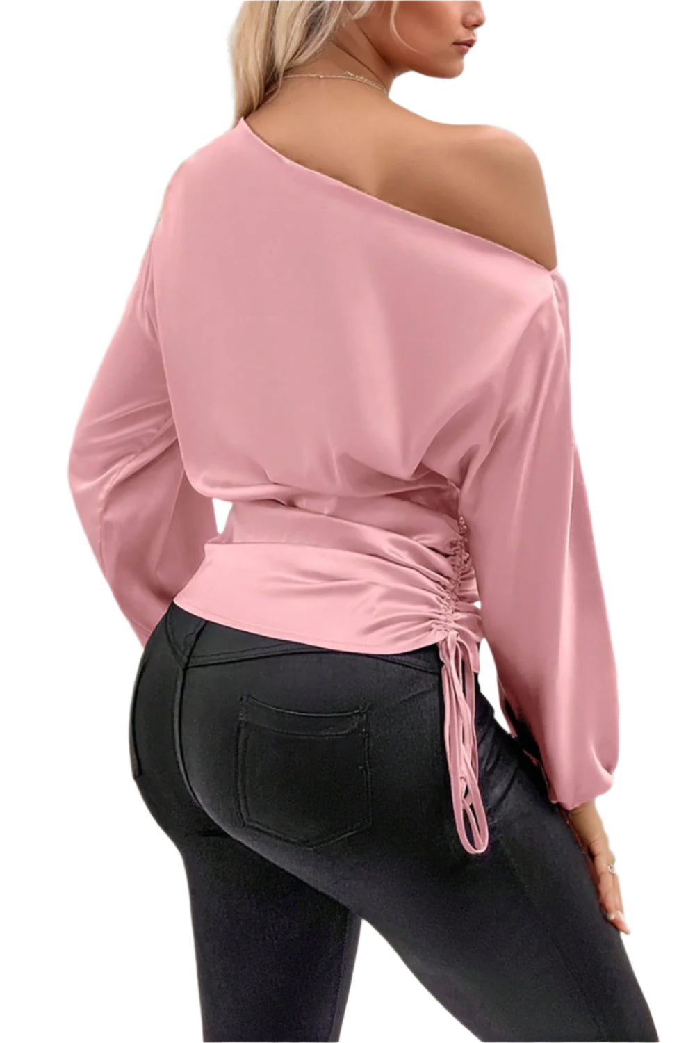 Drawstring One Shoulder Long Sleeve Blouse