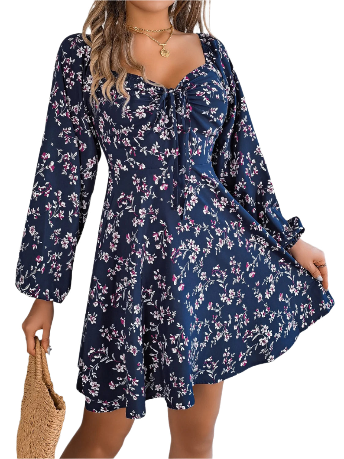 Printed Sweetheart Neck Balloon Sleeve Mini Dress