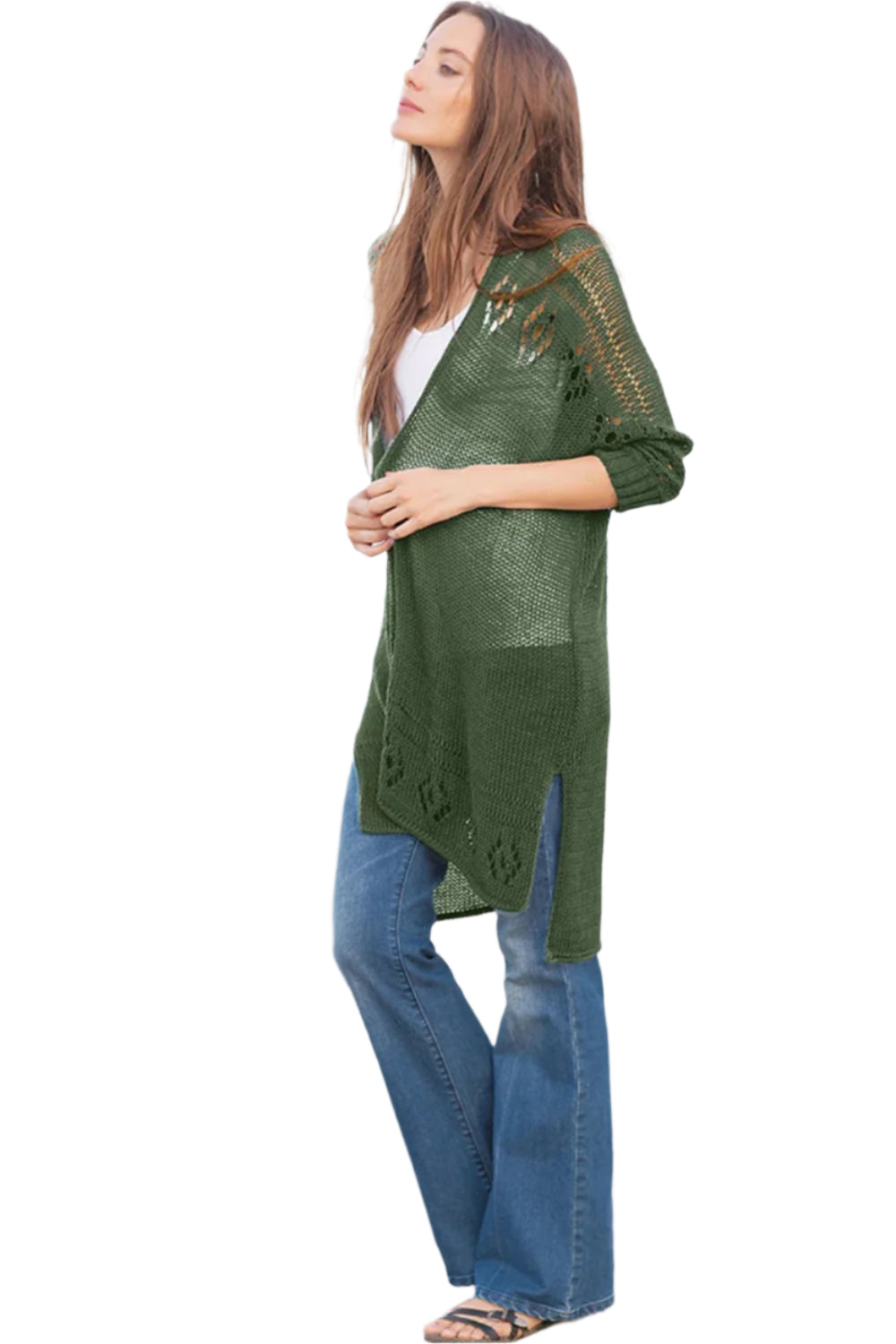 Openwork Side Slit Open Front Long Sleeve Cardigan