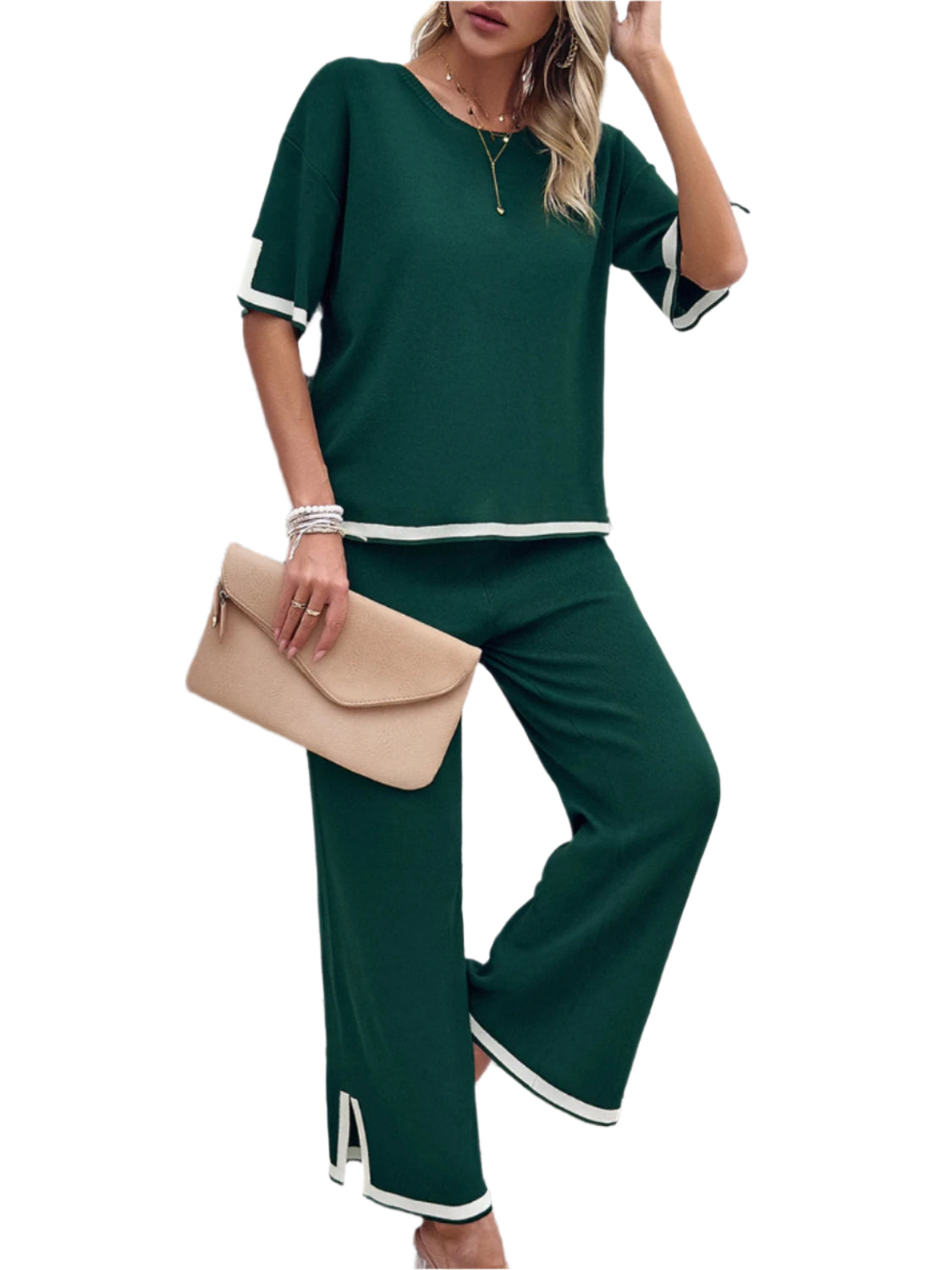 Devine Contrast Trim Round Neck Top and Pants Set