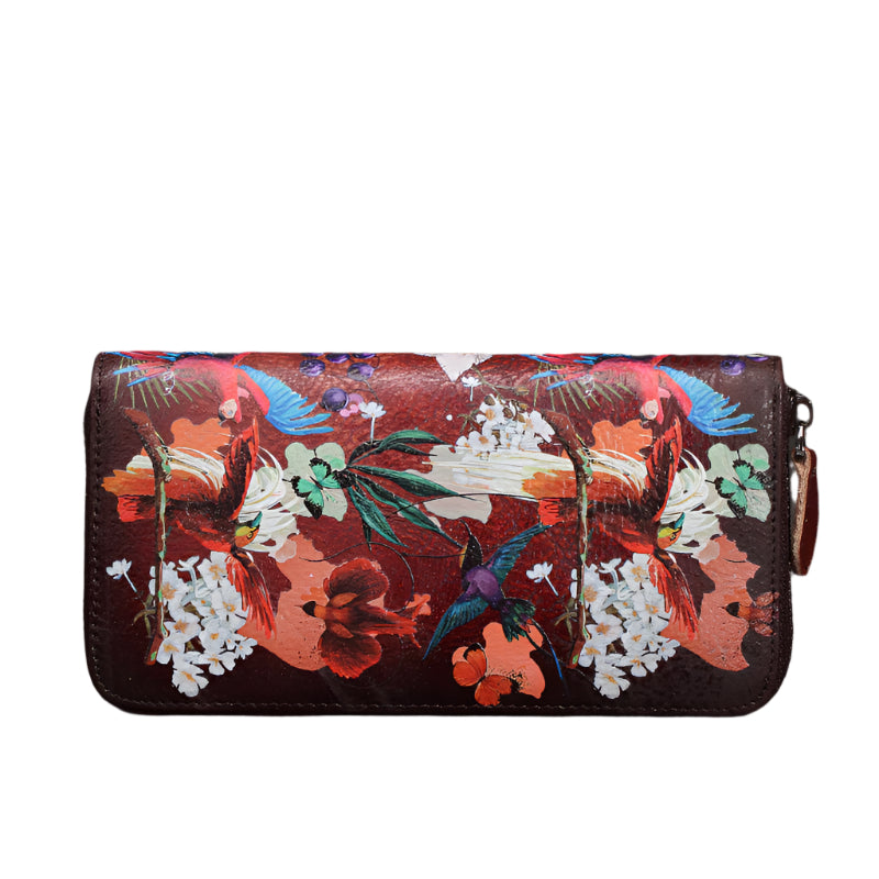 Birds and Flowers Painted Cowhide Leather Wallet