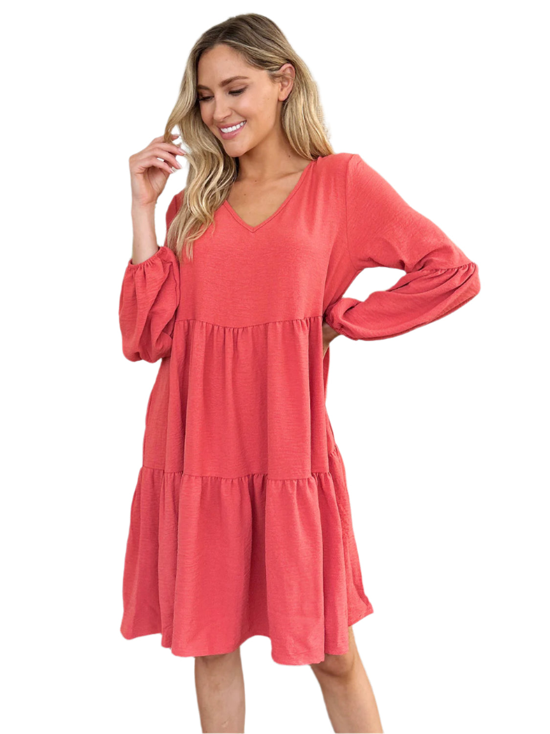 Double Take Full Size V-Neck Balloon Sleeve Tiered Dress with Pockets