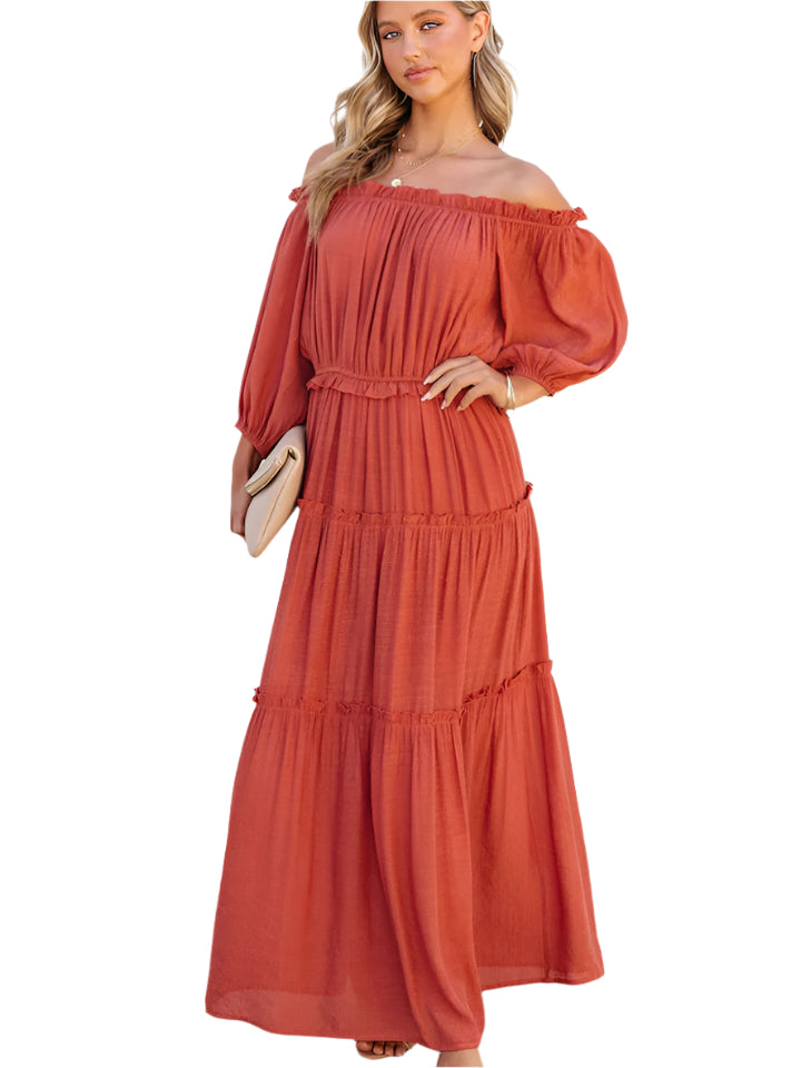 Ruffle Trim Off Shoulder Long Sleeve Maxi Dress