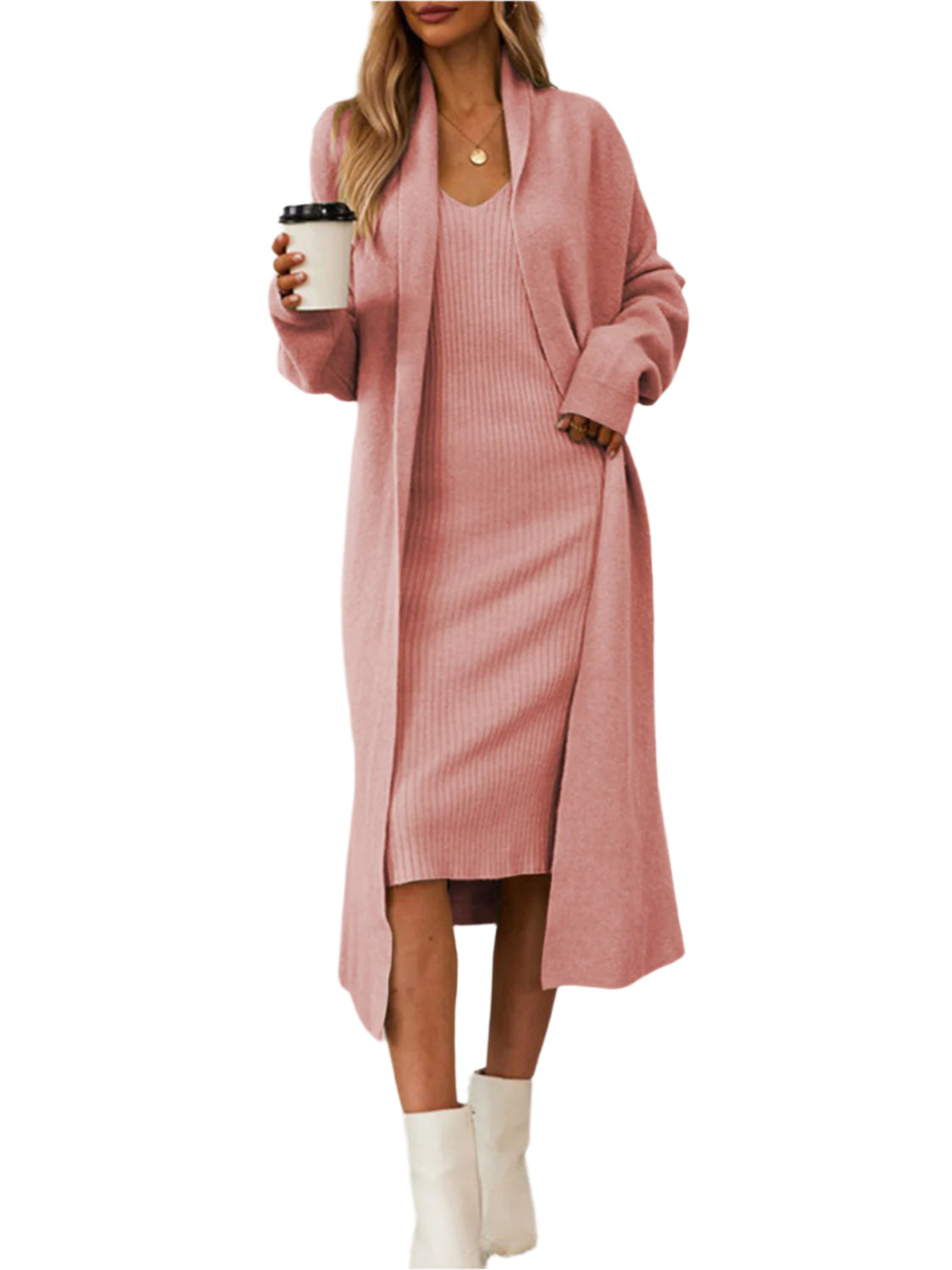 V-Neck Cami Dress and Open Front Cardigan Sweater Set