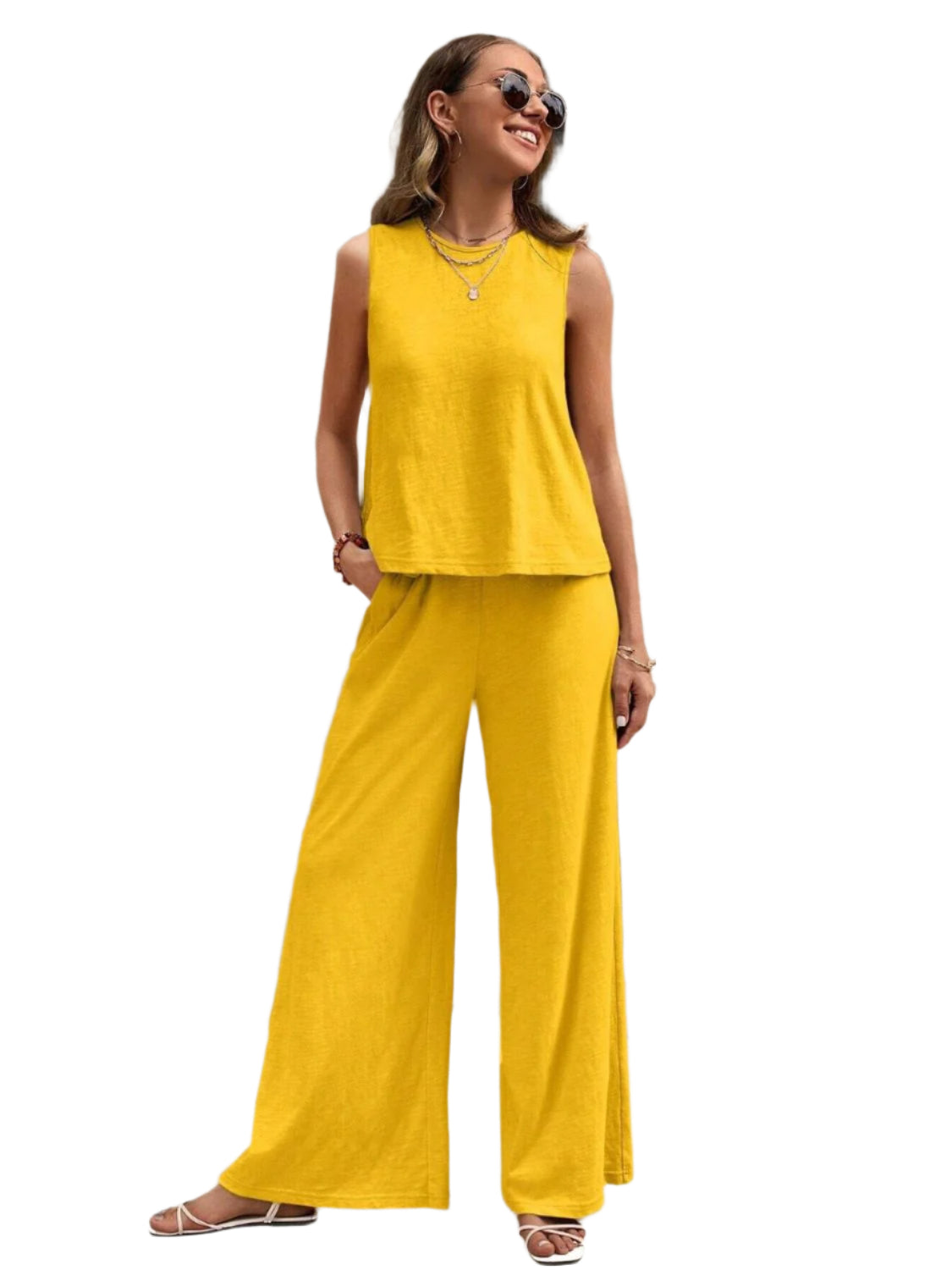Round Neck Sleeveless Top and Wide Leg Pants Set