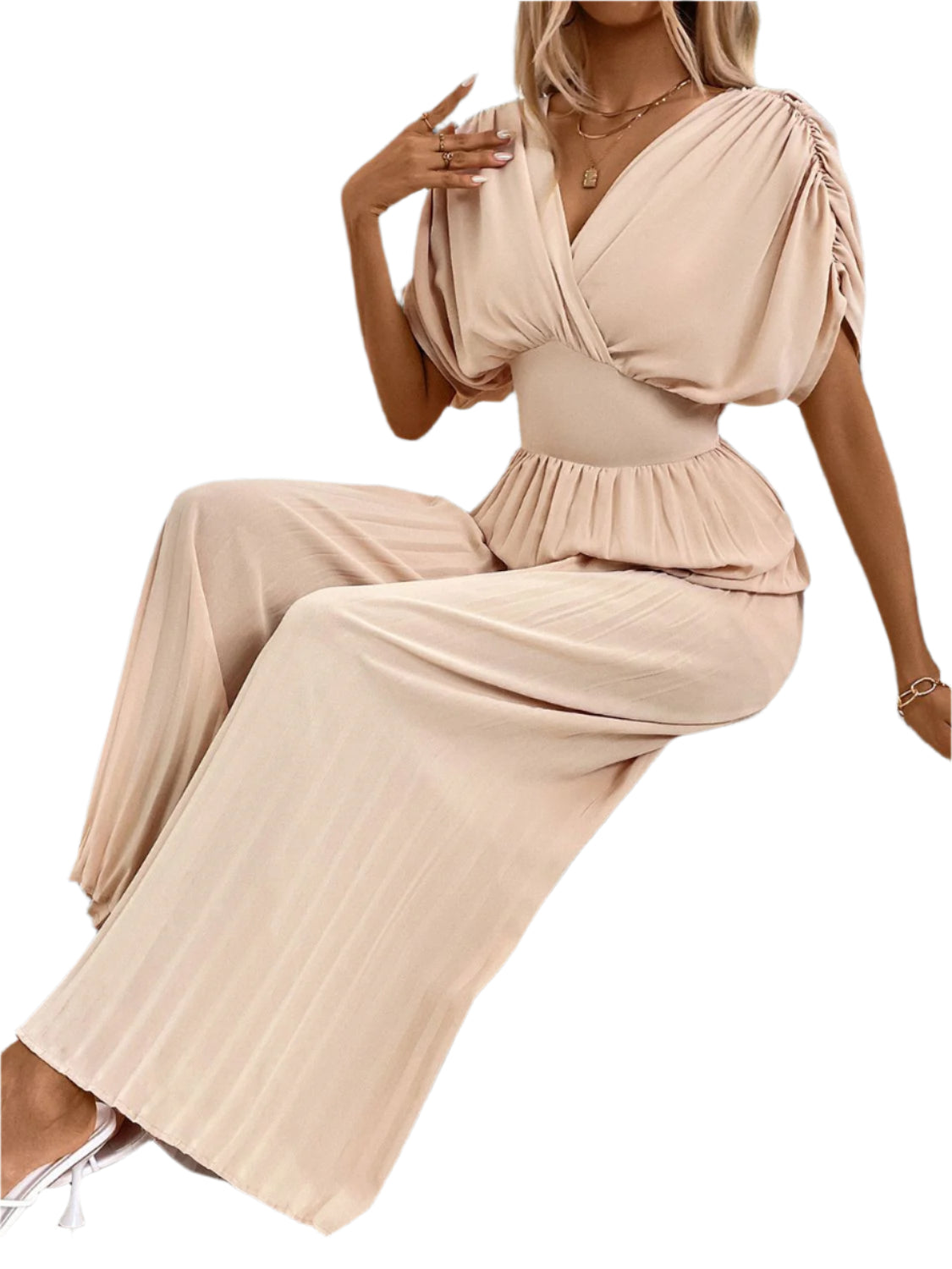 Perfee Pleated Short Sleeve Wide Leg Jumpsuit