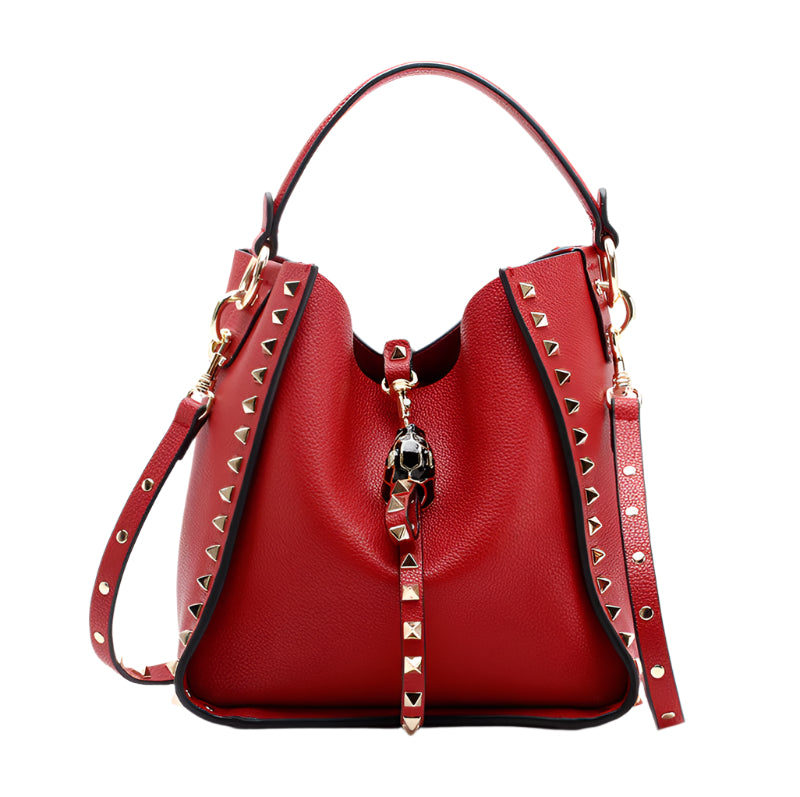 Soft Cowhide Leather Studded Bucket Style Handbag