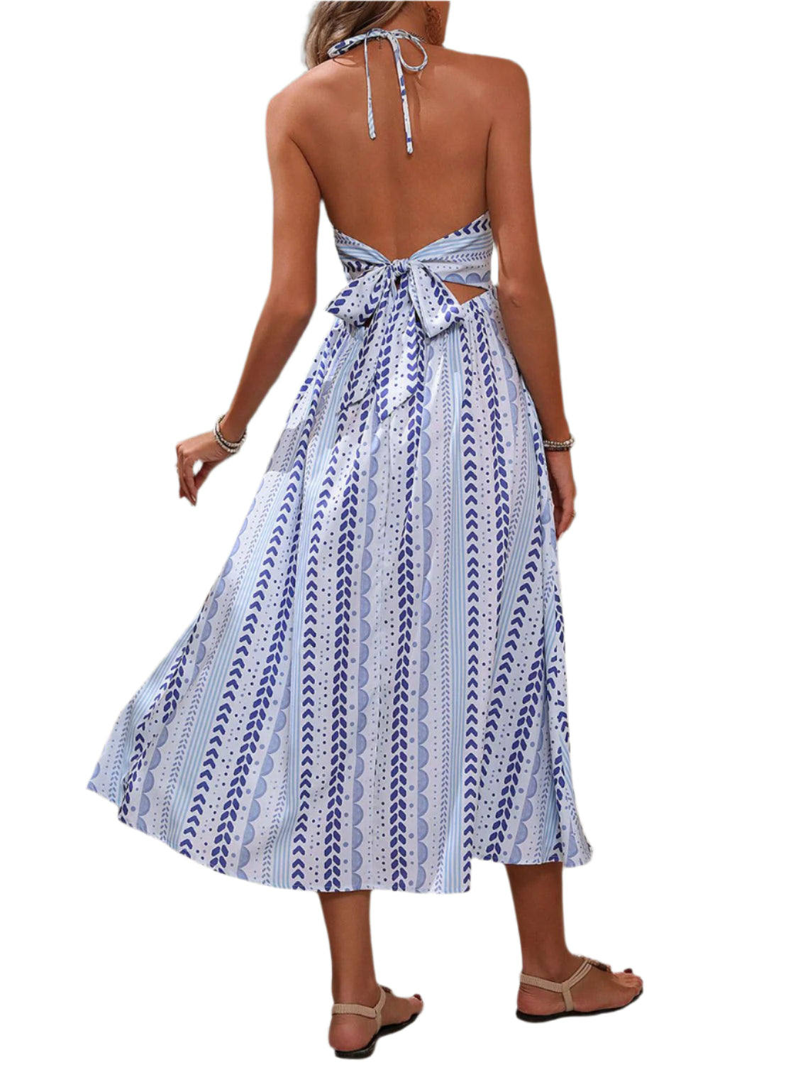 Perfee Tied Printed Halter Neck Midi Dress