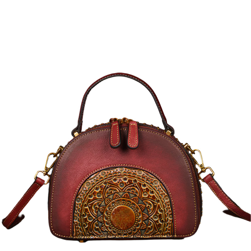Embossed Sunflower Design Cowhide Leather Handbag
