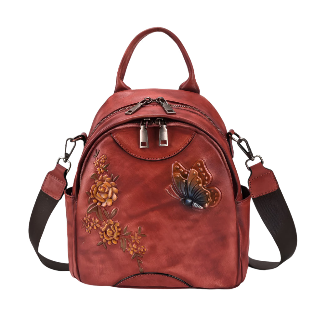 Butterfly and Flowers Cowhide Leather Versatile Handbag