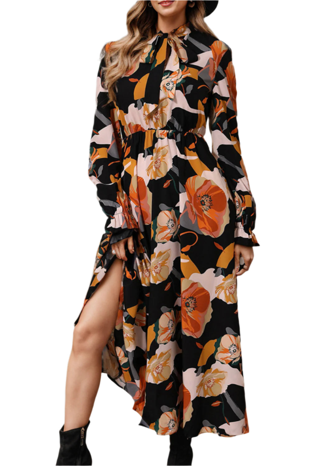 Printed Tie Neck Flounce Sleeve Dress