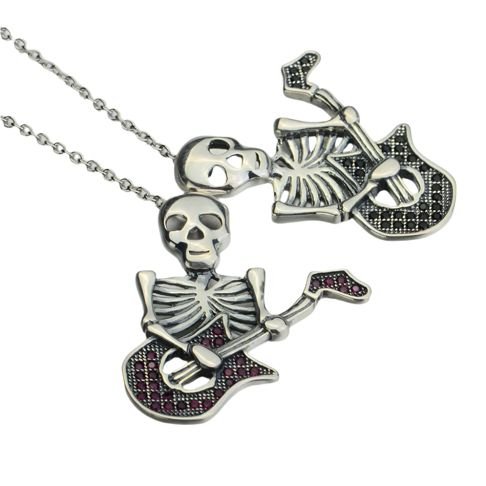 Skeleton Playing Guitar Pendant 925 Sterling Silver Necklace